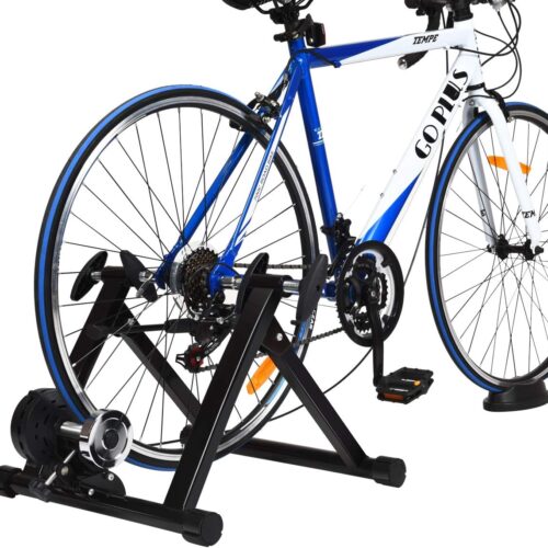 Goplus Bike Trainers for Indoor Riding, Folding Stationary Bike Stand with Magnetic Flywheel for Bicycle Cycling Training, 26’’ - 28’’ Wheels Road & Mountain Bikes