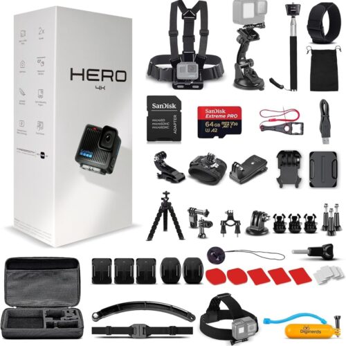 GoPro Hero (Go Pro Hero) Black Compact - Waterproof Action Camera with 4K Ultra HD Video, 12MP Photos, Stabilization + 50-in-1 Accessory Kit + 64GB Card + More