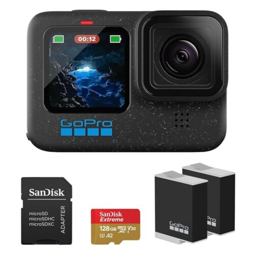 GoPro HERO12 Black 4K Camera with Hypersmooth Stabilization, and Waterproof Ultra-Rugged Design, Bundle with Extra Enduro Rechargeable Li-Ion Battery and SanDisk 128GB Extreme...