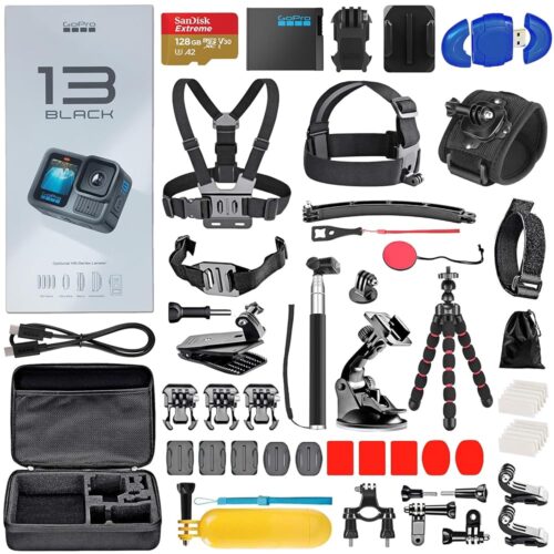 GoPro HERO13 (Hero 13) Black - Waterproof Action Camera with 5.3K, 27MP Photos, Live Streaming, Webcam, Stabilization + 128GB Card, Card Reader, 50 Piece Accessory Kit - Bundle