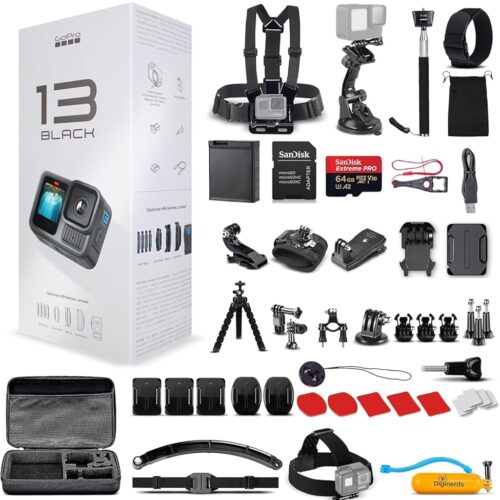 GoPro HERO13 (Hero 13) Black - Waterproof Action Camera with 5.3K HDR Video, 27MP Photos, 1/1.9" Image Sensor, Live Streaming, Webcam, Stabilization + 64GB Card & 50 Piece...