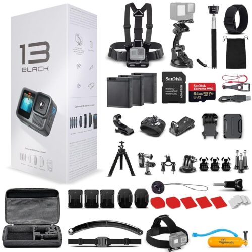 GoPro HERO13 (Hero 13) Black - with 50 Piece Accessory Kit and 2 Extra Batteries + 64GB Card - Waterproof Action Camera - 5.3K HDR, 27MP Photos, 1/1.9" Sensor, Live Streaming,...