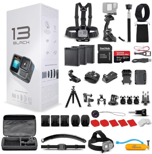 GoPro HERO13 (Hero 13) Black - with 50 Piece Accessory Kit and 2 Extra Batteries + 64GB Card - Waterproof Action Camera - 5.3K HDR, 27MP Photos, 1/1.9" Sensor, Live Streaming,...