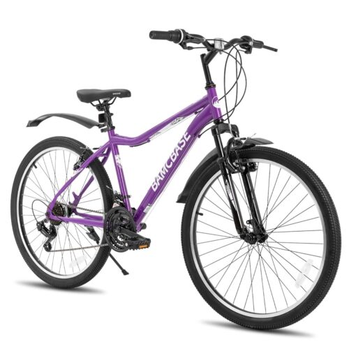 HILAND 26 Inch Womens and Mens Mountain Bike, 21 Speed Steel Frame Adult Bicycle, MTB with Suspension Fork, Purple Green White