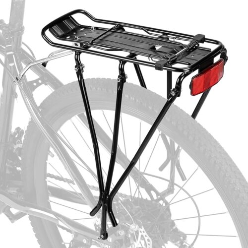 KEMIMOTO Bike Cargo Rack, Rear Bike Rack 24-27.5 in, Adjustable Length, Maximum Load 220lbs, Red Rear Reflective Light, Three-Bracket Design, Aluminum Alloy