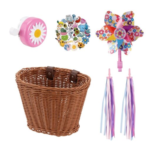 Kids Bike Basket, Bike Basket Front Bike Accessories for Girl Boys, Woven Bicycle Basket with Stickers, Bike Bell, Windmill, and 1pairs Colorful Ribbons Tassels