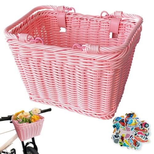 Kids Bike Basket Front, Kids Scooter Basket, Cute Square Wicker Bicycle Basket for Boys Girls, Detachable Handlebar Bike Small Basket with Adjustable Leather Straps