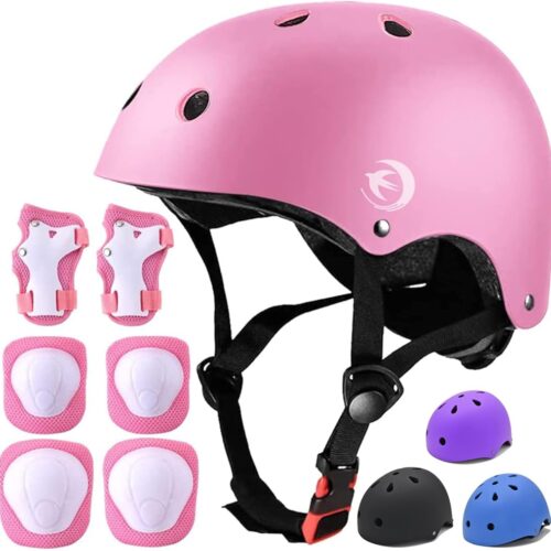 Kids Bike Helmet Set with Knee Pads Elbow Pads Wrist Guards,Adjustable Helmet for Toddler Kids&Youth,3~14yrs Girl Boy Kids Protective Gear Set Bicycle Helmet Roller Skate