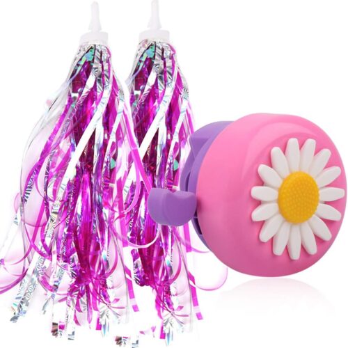 Kids Streamers and Bike Bell for Girls-1 Pack Flower Bicycle Bell with 2 Pack Handlebar Streamers Scooter Tassels for Children's Bike Accessories