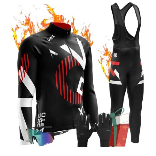 Men Cycling Jersey Set Fleece Velvet Long Sleeve Bike Jersey Kits + Cycling Pants with 9D Pad