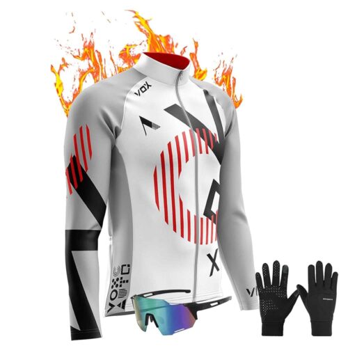 Men Cycling Jersey Set Fleece Velvet Long Sleeve Bike Jersey Kits + Cycling Pants with 9D Pad