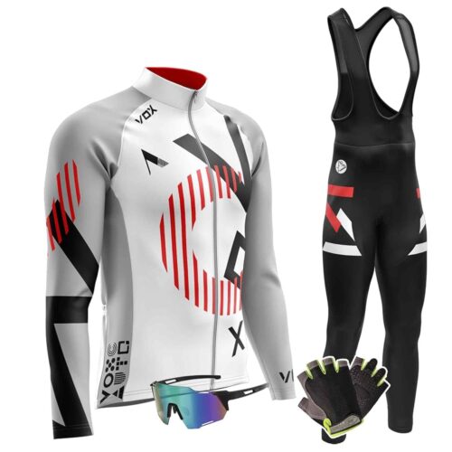 Men Cycling Jersey Set Fleece Velvet Long Sleeve Bike Jersey Kits + Cycling Pants with 9D Pad