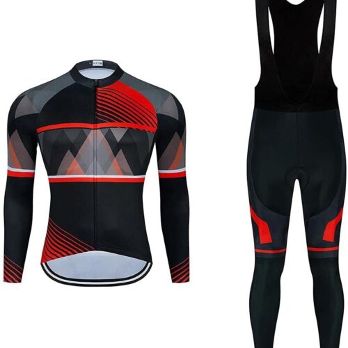 Men's Cycling Jersey Set Long Sleeve Biking Shirts Bicycle Bib Long Pants with 20D Gel Padded