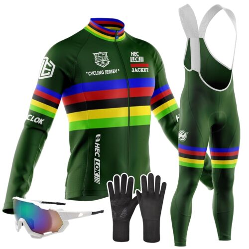 Men's Cycling Long Sleeve Jacket Suit Windproof Clothing Set, Long Sleeve Jersey with 9D Padded Bib Tight