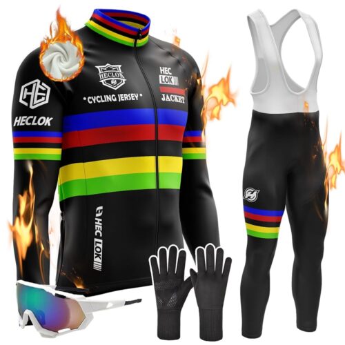 Men's Cycling Suit, Winter Long Sleeve Cycling Jersey Set Men Warm Bicycle Clothes, 9D Padded Bib Tight