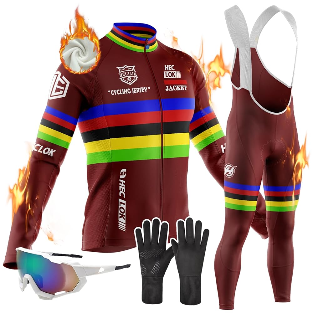 Men's Cycling Winter Suit, Long Sleeve Jersey, Thermal, Windproof, Cycle Clothing Set, 9D Padded Bib Tight