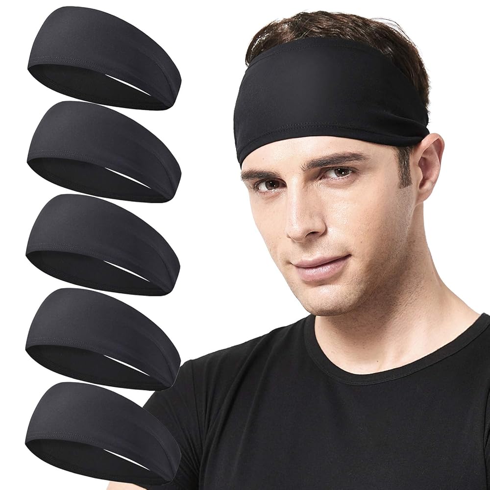 Mens Running Headband,5Pack,Mens Sweatband Sports Headband for Running,Cycling,Basketball,Yoga,Fitness Workout Stretchy Unisex Hairband