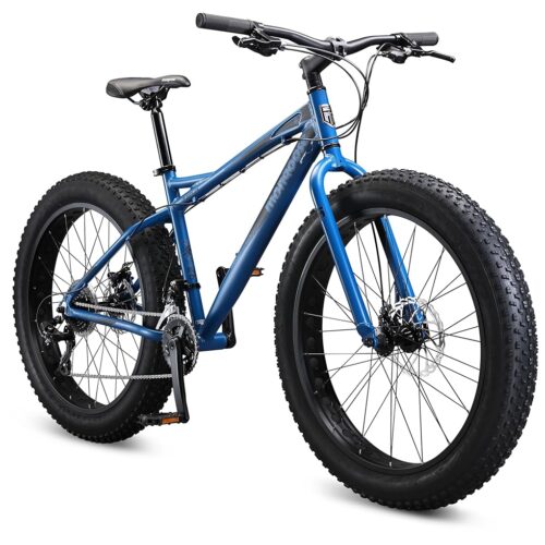 Mongoose Juneau Men and Womens Fat Tire Mountain Bike, 26x4-Inch Big Fat Wheels, 16-Speed Trigger Shifters, Adult Aluminum Mountain Frame, Blue
