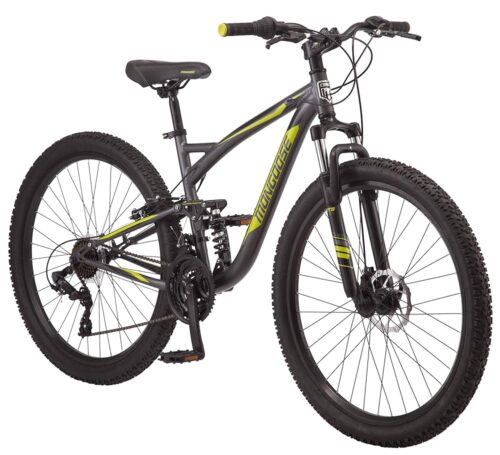 Mongoose Status Mens and Womens Mountain Bike, 26-27.5-Inch Wheels, 21-Speed, Aluminum Frame, Dual and Front Suspension