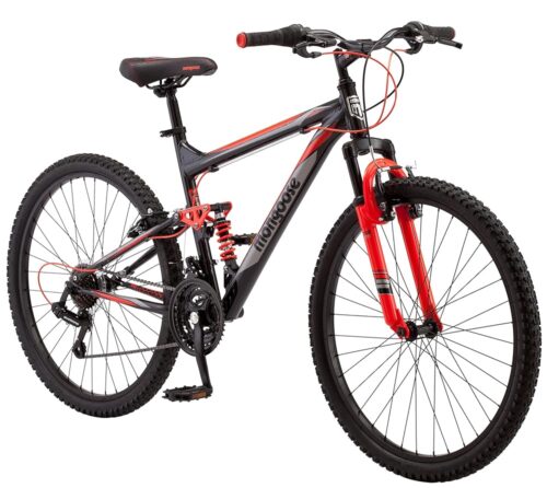 Mongoose Status Mens and Womens Mountain Bike, 26-27.5-Inch Wheels, 21-Speed, Aluminum Frame, Dual and Front Suspension