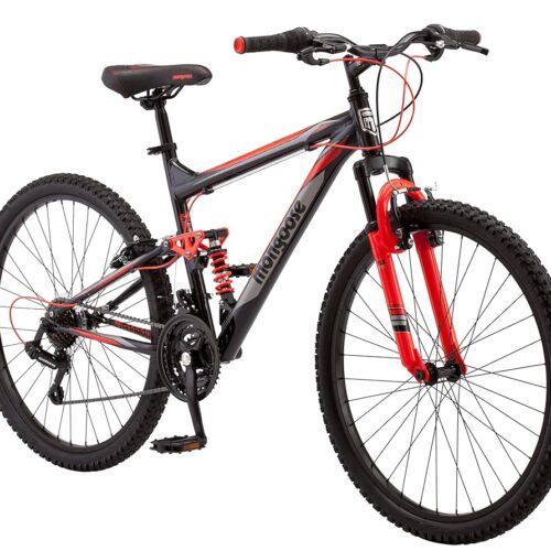 Mongoose Status Mens and Womens Mountain Bike, 26-27.5-Inch Wheels, 21-Speed, Aluminum Frame, Dual and Front Suspension
