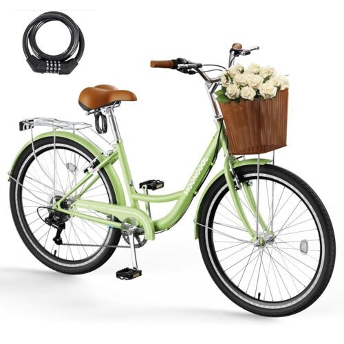 NAIZEA Womens Bike - 7 Speed Beach Cruiser Bike for Women, 24 26 inch with Ratten Basket & Rack, Bike for Adults Women, Womens Bicycle for Commuting, Step Through City Bikes for...