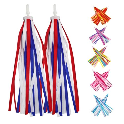 PLATT Kid's Bicycle Handlebar Streamers Colorful Ribbons Tassel for Girls Boys Bicycle Handlebar Scooter Handgrip (1Pair) (Red+White+Blue)