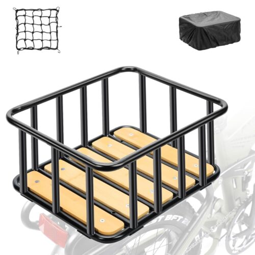 Rear Bike Basket, 13.8"X11.8"X6.7" Bicycle Basket with Waterproof Cover, Cargo Net, Wooden Basket Base, Heavy Duty Metal Bicycle Rear Basket for Most Bikes and E-Bike