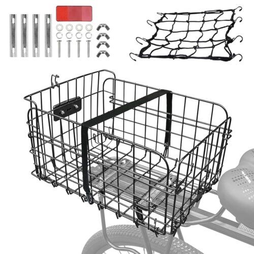 Rear Bike Basket,Bike Rack Basket,Folding Rear Bike Basket, Quickly Detachable Metal Bicycle Rack Cargo Basket with Strap & Reflective Tail Light for Most Mounted Bike Racks