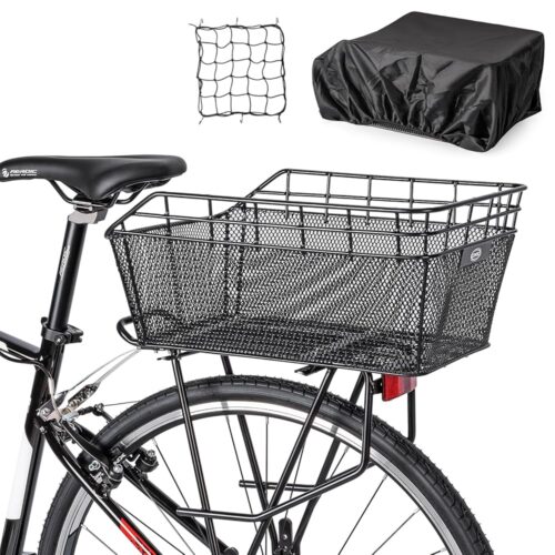 Rear Bike Basket - Large Bicycle Rear Basket with Cargo Net and Waterproof Cover, Wire Bike Baskets Rear Large Capacity