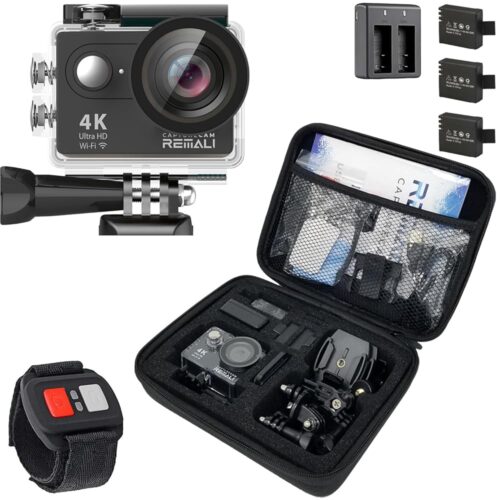 REMALI CaptureCam 4K Ultra HD and 12MP Waterproof Sports Action Camera Kit with Carrying Case, 3 Batteries, Dual Battery Charger, 2” LCD Screen, WiFi, Remote Control, and 21...