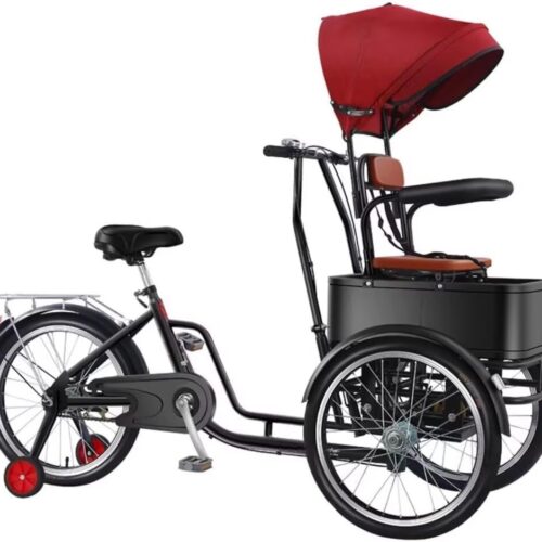 Rickshaw Tricycle,Tandem Tricycle with Front seat,Passenger seat with Removable Canopy and guardrail,Cargo Trike with Front Cabin,3 Wheels Bicycle with Training Wheels