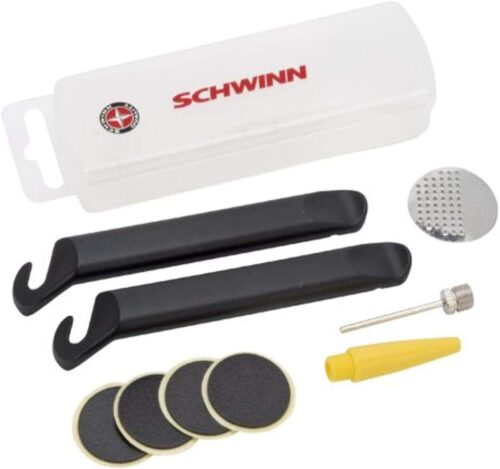 Schwinn Bike Multi-Tool Kit for Bicycle Repairs, Deluxe Repair Kit, With Tire Levers, Patches, Sport Ball Needle and Inflation Cone, Storage Box Included,Black