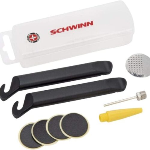 Schwinn Bike Multi-Tool Kit for Bicycle Repairs, Deluxe Repair Kit, With Tire Levers, Patches, Sport Ball Needle and Inflation Cone, Storage Box Included,Black