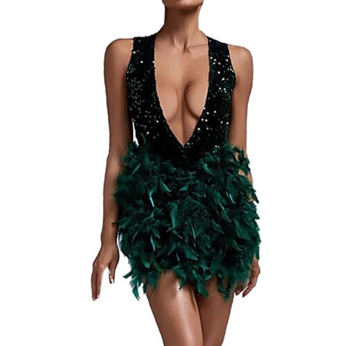 Sexy Party Sequin Feather Prom Dresses for Women Deep V Neck Sleeveless Evening Formal Masquerade Gown Mini Dress