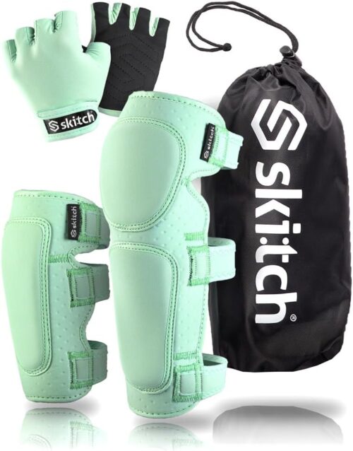 SKITCH Skateboard Protective Safety Gear Set for Kids and Teens | Premium Lycra Sport Knee Pads + Elbow Pads + Wrist Guards + Carry Bag | Scooter Roller Skate Inline Skating...