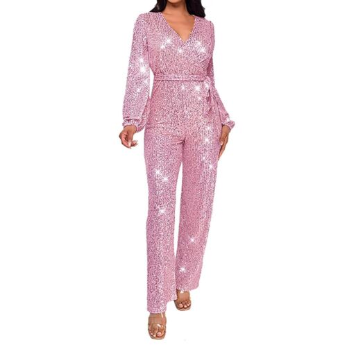 Sparkly Jumpsuits for Women Dressy Formal Plus Size Long Sleeve Sequin Party Rompers Sexy V Neck Wide Leg Pants Suit