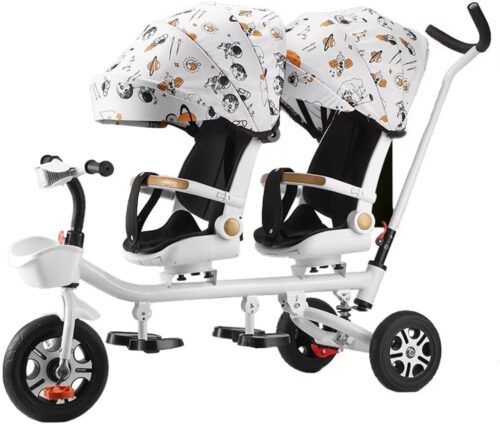 Tandem Tricycle for Toddler,Swivel Seats with Tilted backrest,Parent Push Stroller Trike,3 Wheels Bicycle with Canopy,Ride-on Bike,Folding Tricycle Buggies