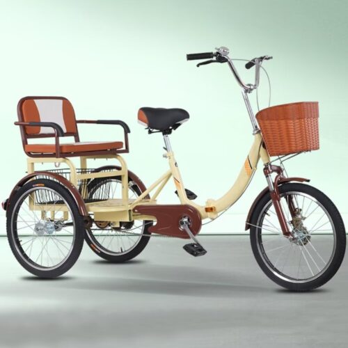 Tandem Tricycle with Back seat,Folding Cruiser Trike with Hydraulic Front Fork,3 Wheels Bicycle,Mobility Rickshaw Tricycle for Shopping and Travel,Front and Rear Brakes,Dual Chain