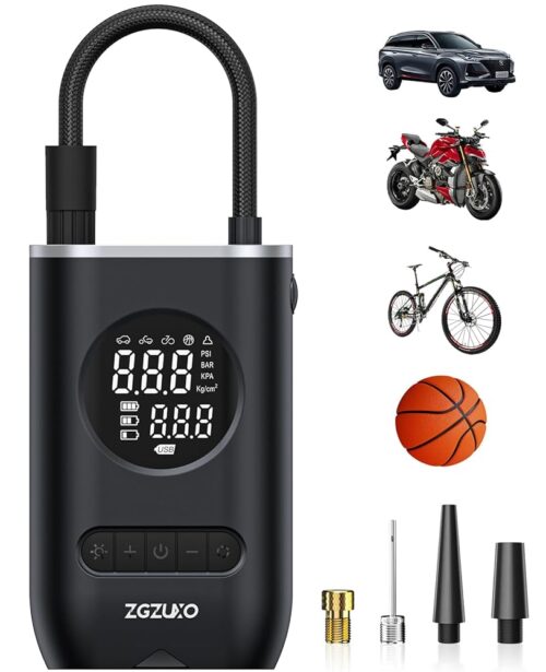 Tire Inflator Portable Air Compressor-ZGZUXO 150PSI Cordless Air Pump for Car Tires with Pressure Gauge LED Light, Electric Bike Tire Pump for Car Motorcycle Bicycle Ball, Car...