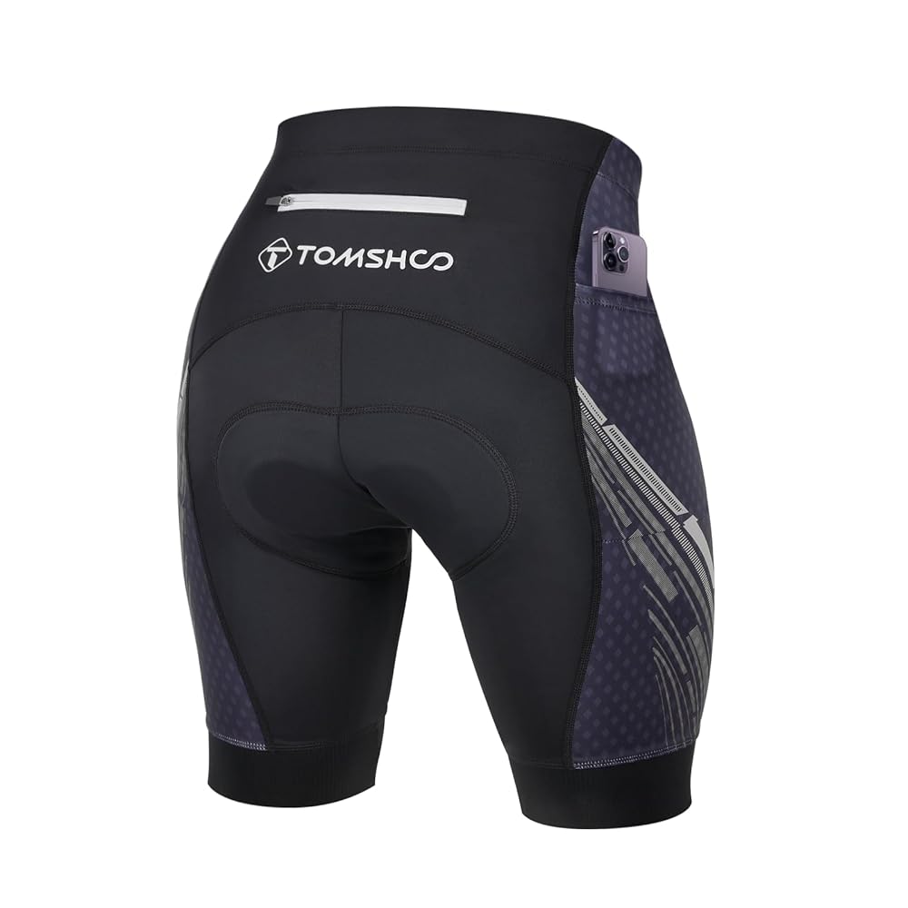 TOMSHOO Cycling Bike Shorts, 4D Padded Bicycle Riding Biker Pants with Multi-Pockets, Reflective Coating, Anti-Slip Leg