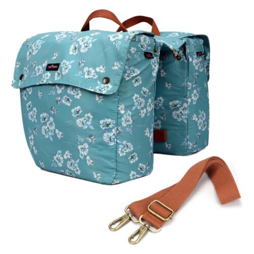 TOURBON Canvas Leather Roll-up Pannier for Bicycle, Bike Rear Rack Saddlebag (Blue with Flower)