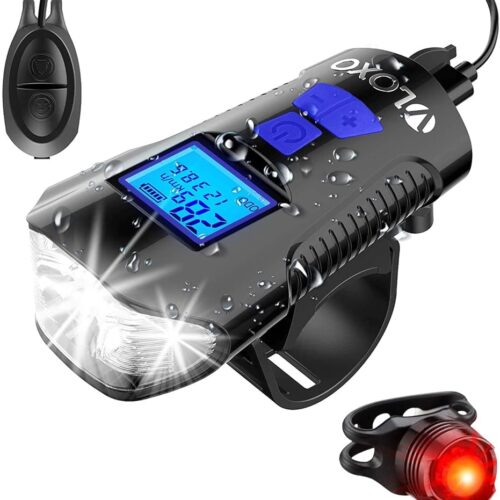 VLOXO Bike Speedometer with Bike Light Set, IPX7 Waterproof Bike Odometer with Horn LED Bike Front Light & Tail Light USB Rechargeable Bicycle Computer