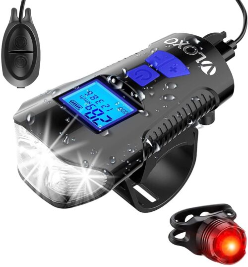 VLOXO Bike Speedometer with Bike Light Set, IPX7 Waterproof Bike Odometer with Horn LED Bike Front Light & Tail Light USB Rechargeable Bicycle Computer