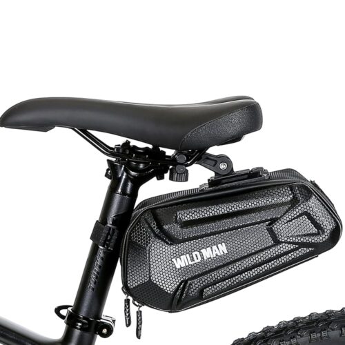 WILD MAN Bike Saddle Bag Waterproof Bicycle Saddle Bag Under Seat Bag Bike Accessories 3D Hard Shell Bike Seat Bag with Silver Reflective Strip, Quick Release 1.2L(Black)