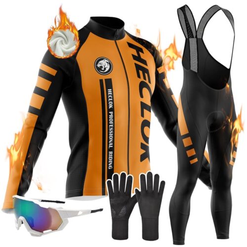 Winter Cycling Jersey Mens Long Sleeve Set Thermal Fleece Bike Shirt bib Cycling 9D Gel Padded Bib Pants